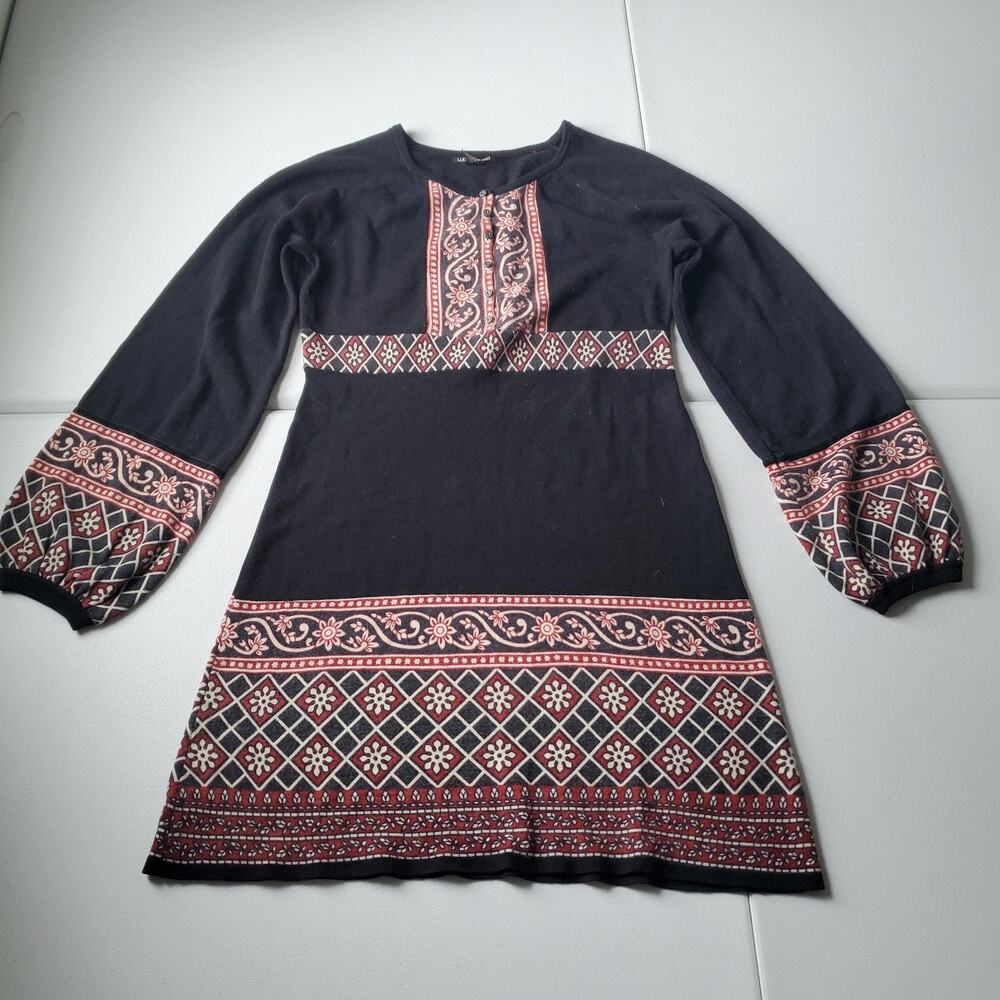 Y2K Lucky Brand Sweater Dress Womens Small Black Fair Isle Wool Cashmere Boho